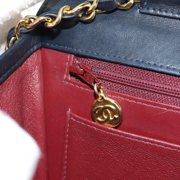 CHANEL Matelasse Double Turn Lock Chain Bag Lamb Skin 2way Navy CC Auth 150317SM