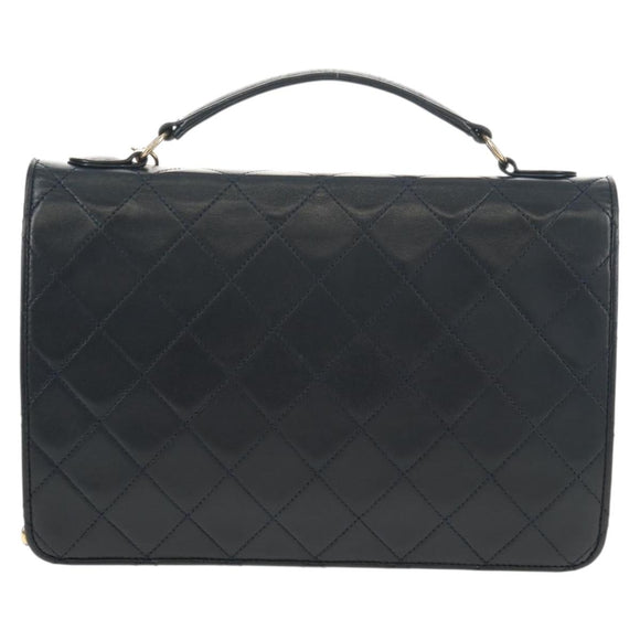 CHANEL Matelasse Double Turn Lock Chain Bag Lamb Skin 2way Navy CC Auth 150317SM