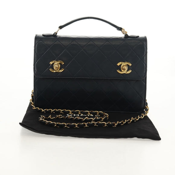 CHANEL Matelasse Double Turn Lock Chain Bag Lamb Skin 2way Navy CC Auth 150317SM