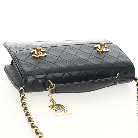 CHANEL Matelasse Double Turn Lock Chain Bag Lamb Skin 2way Navy CC Auth 150317SM