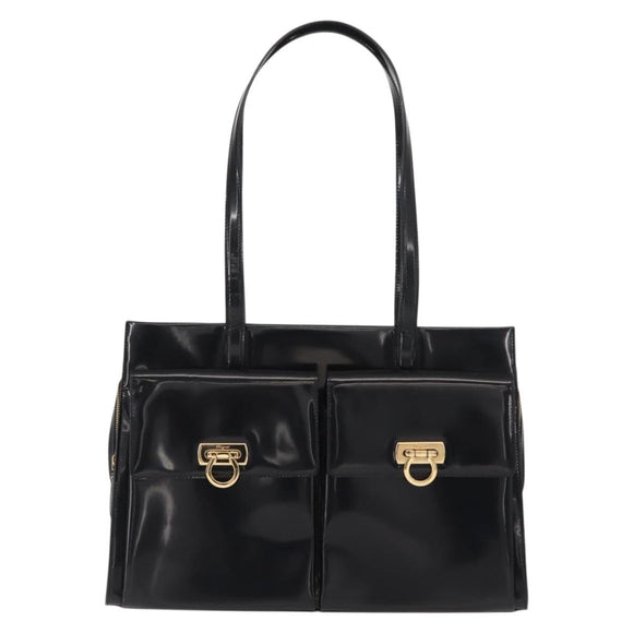 Salvatore Ferragamo Gancini Tote Bag Patent leather Black Gold Auth 150346