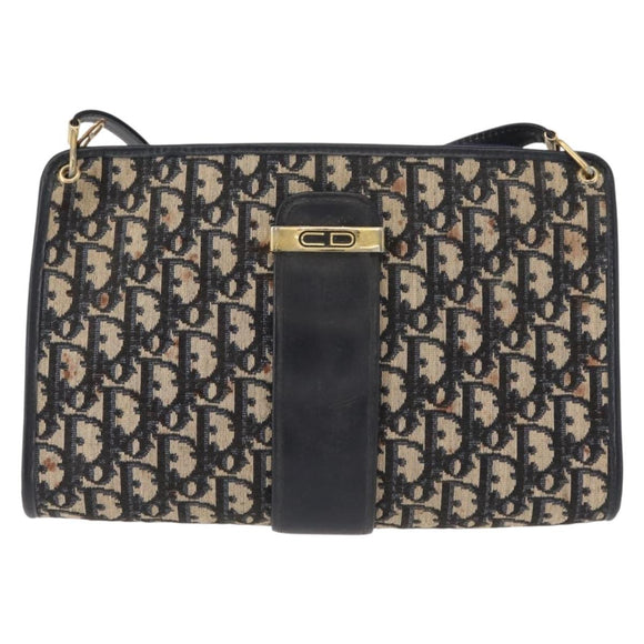 Christian Dior Trotter Canvas Shoulder Bag Navy Gold Auth 150350