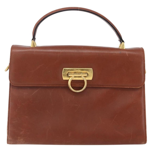 Salvatore Ferragamo Gancini Hand Bag Leather Brown Gold Auth 150384