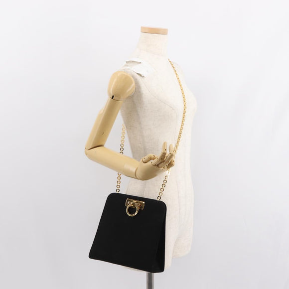 Salvatore Ferragamo Chain Gancini Shoulder Bag Suede Black Gold Auth 150385