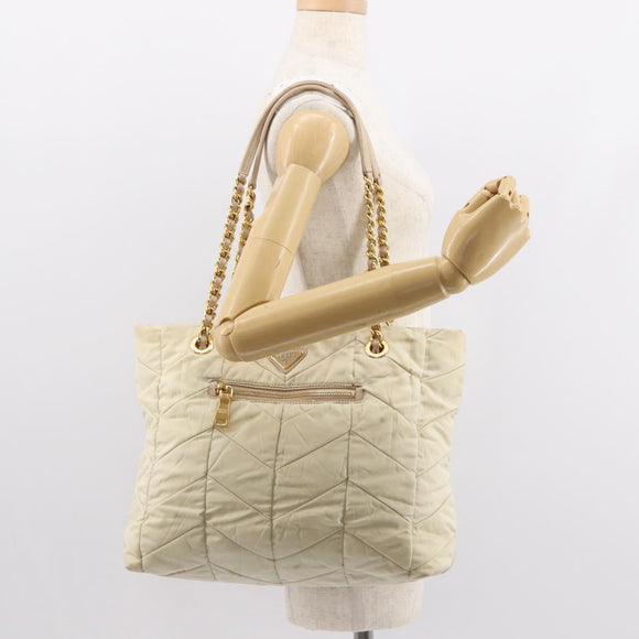 PRADA Chain Tote Bag Nylon Ivory Gold Auth 150390