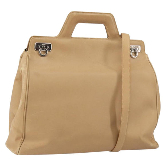 Salvatore Ferragamo Gancini Hand Bag Leather 2way Beige Silver Auth 150400