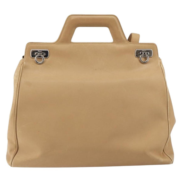 Salvatore Ferragamo Gancini Hand Bag Leather 2way Beige Silver Auth 150400