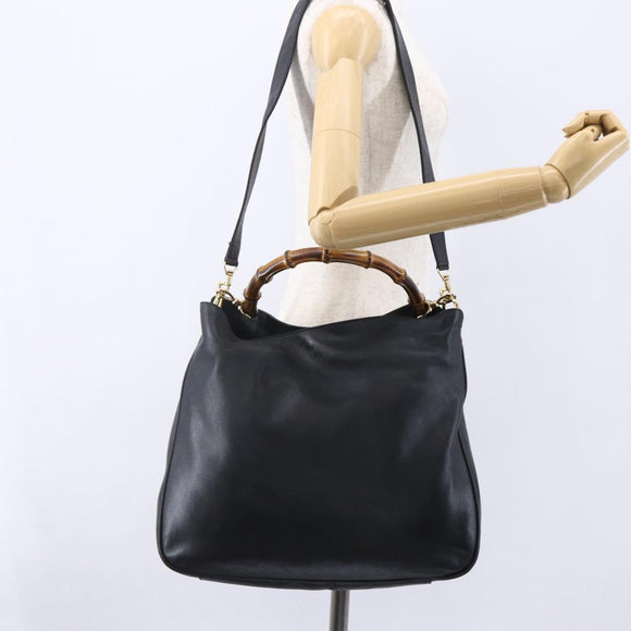 GUCCI Bamboo Shoulder Bag Leather 2way Black Gold 001 1998 1577 Auth 150410