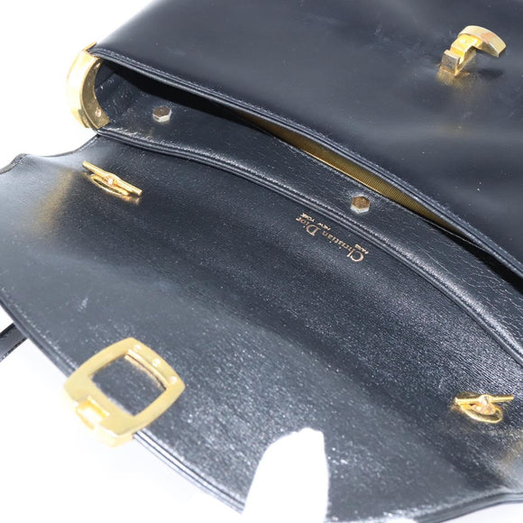 Christian Dior Hand Bag Calf Skin 2way Black Gold Auth 150418