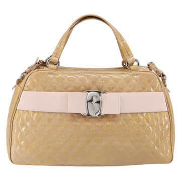 Salvatore Ferragamo Vala Hand Bag Enamel 2way Beige Silver Auth 150429 - 0