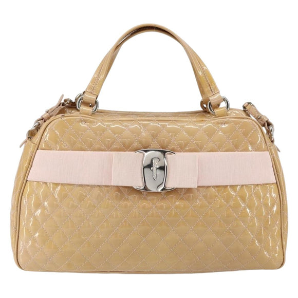 Salvatore Ferragamo Vala Hand Bag Enamel 2way Beige Silver Auth 150429