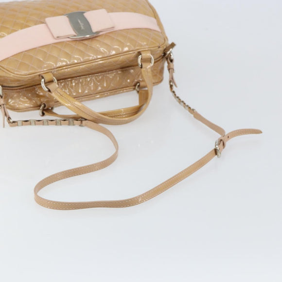 Salvatore Ferragamo Vala Hand Bag Enamel 2way Beige Silver Auth 150429