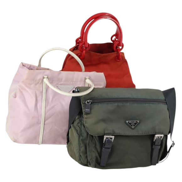 PRADA Shoulder Bag Nylon 3 Set Red Pink khaki Auth 150430