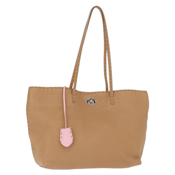 FENDI Celeria Tote Bag Leather Beige Silver Auth 150443