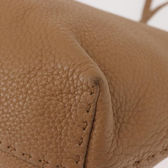 FENDI Celeria Tote Bag Leather Beige Silver Auth 150443