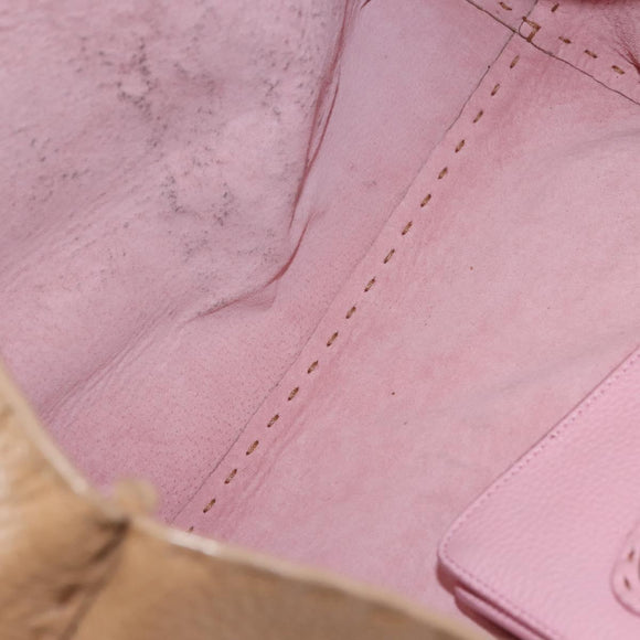 FENDI Celeria Tote Bag Leather Beige Silver Auth 150443