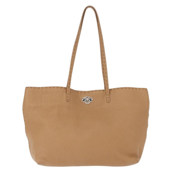 FENDI Celeria Tote Bag Leather Beige Silver Auth 150443