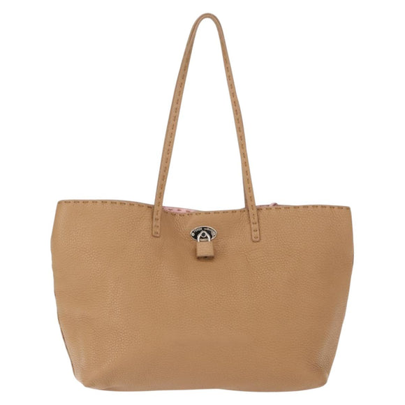 FENDI Celeria Tote Bag Leather Beige Silver Auth 150443