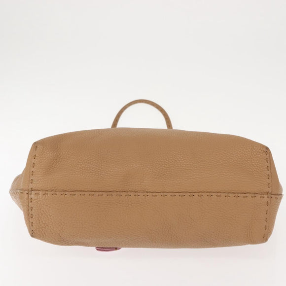 FENDI Celeria Tote Bag Leather Beige Silver Auth 150443