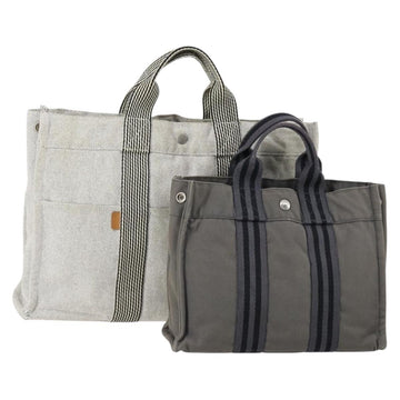 HERMES Fourre Tout Hand Bag Canvas 2 Set Gray Auth 150478