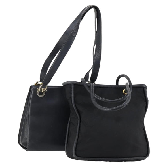 Salvatore Ferragamo Celine Hand Bag Nylon Leather 2 Set Black Auth 150480