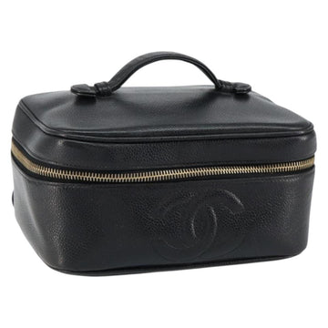 CHANEL Vanity Hand Bag Caviar Skin Black Gold CC Auth 150535