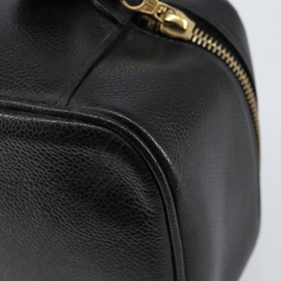 CHANEL Vanity Hand Bag Caviar Skin Black Gold CC Auth 150535