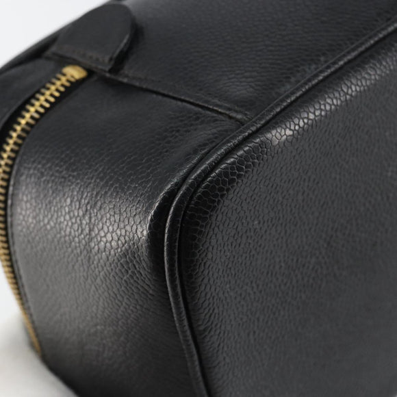 CHANEL Vanity Hand Bag Caviar Skin Black Gold CC Auth 150535
