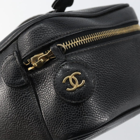 CHANEL Vanity Hand Bag Caviar Skin Black Gold CC Auth 150535