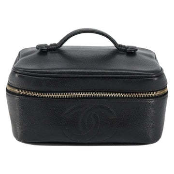 CHANEL Vanity Hand Bag Caviar Skin Black Gold CC Auth 150535 - 0