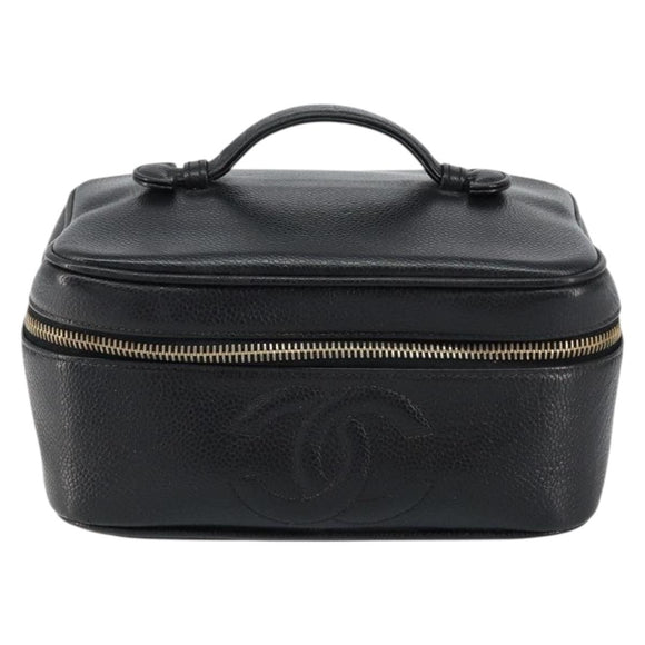 CHANEL Vanity Hand Bag Caviar Skin Black Gold CC Auth 150535