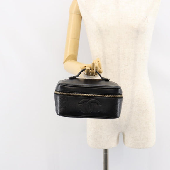 CHANEL Vanity Hand Bag Caviar Skin Black Gold CC Auth 150535