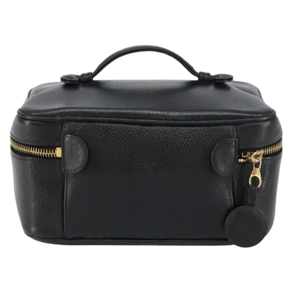 CHANEL Vanity Hand Bag Caviar Skin Black Gold CC Auth 150535