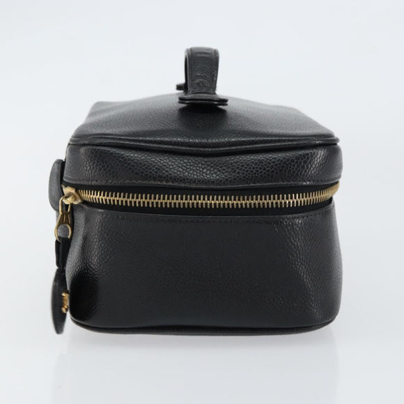 CHANEL Vanity Hand Bag Caviar Skin Black Gold CC Auth 150535