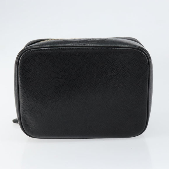 CHANEL Vanity Hand Bag Caviar Skin Black Gold CC Auth 150535