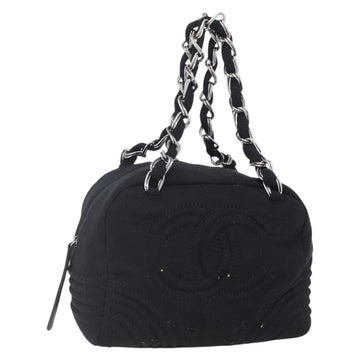 CHANEL COCO Mark Hand Bag Cotton Silver Black CC Auth 150550