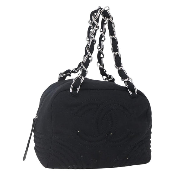 CHANEL COCO Mark Hand Bag Cotton Silver Black CC Auth 150550