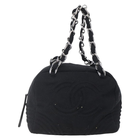 CHANEL COCO Mark Hand Bag Cotton Silver Black CC Auth 150550