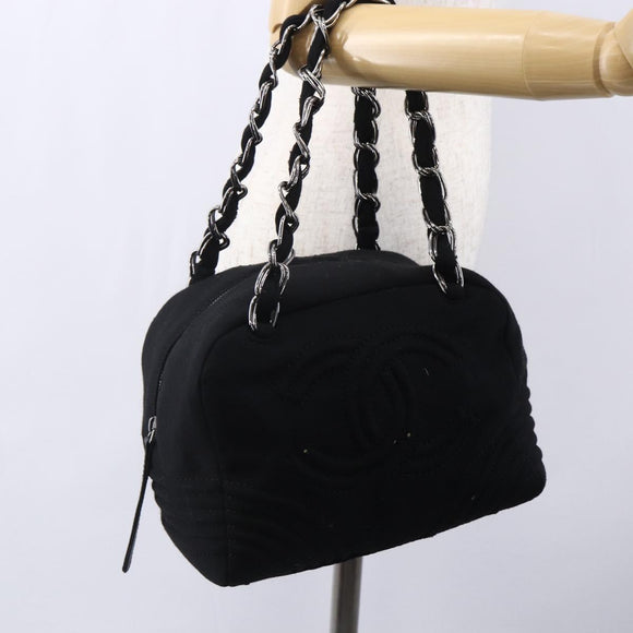 CHANEL COCO Mark Hand Bag Cotton Silver Black CC Auth 150550