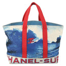 CHANEL Surfline Tote Bag Canvas Blue White CC Auth 150551-2