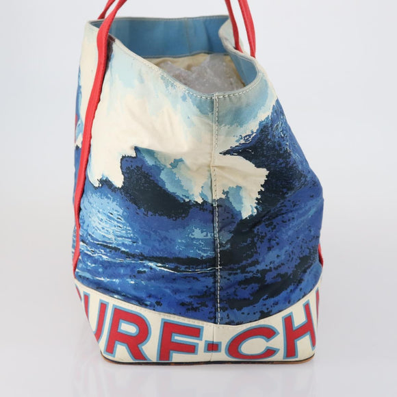 CHANEL Surfline Tote Bag Canvas Blue White CC Auth 150551