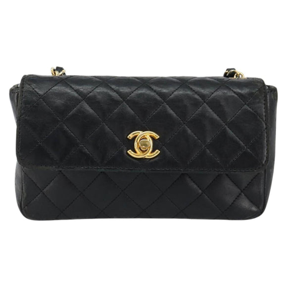 CHANEL Matelasse Chain Shoulder Bag Lamb Skin Black Gold CC Auth 150565