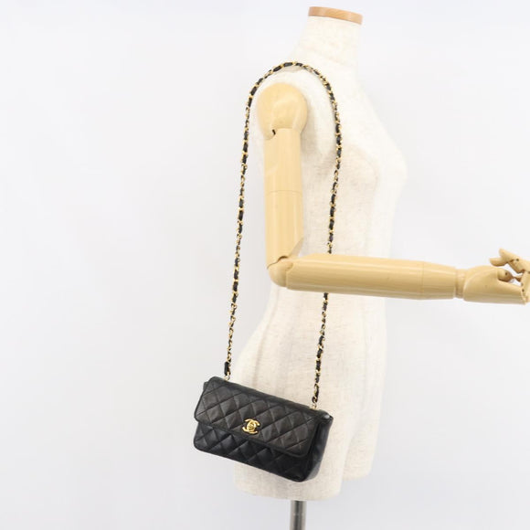 CHANEL Matelasse Chain Shoulder Bag Lamb Skin Black Gold CC Auth 150565
