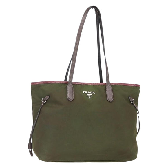 PRADA Tote Bag Nylon Khaki Silver Auth 150572
