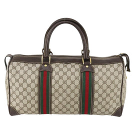 GUCCI GG Supreme Web Sherry Line Boston Bag PVC Beige Gold Auth 150574 - 0