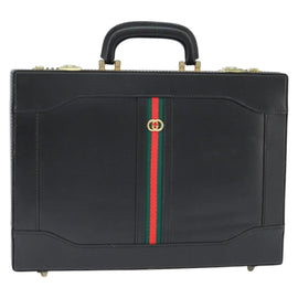 GUCCI Web Sherry Line Attache Case Hand Bag Leather Black Gold Auth 150578