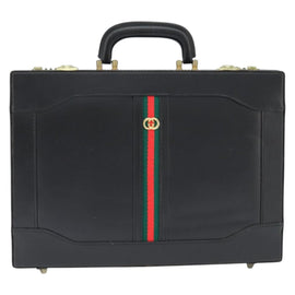 GUCCI Web Sherry Line Attache Case Hand Bag Leather Black Gold Auth 150578 - 0