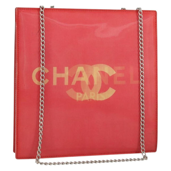 CHANEL Chain Shoulder Bag Vinyl Red Silver CC Auth 150609