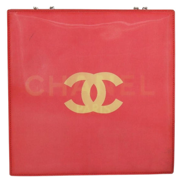 CHANEL Chain Shoulder Bag Vinyl Red Silver CC Auth 150609