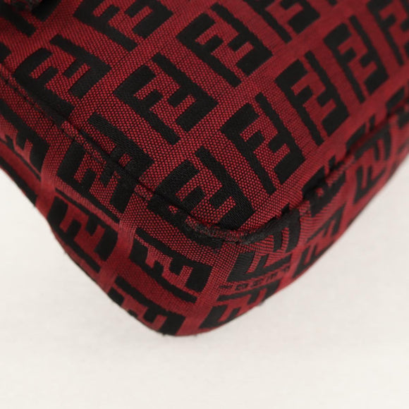 FENDI Zucchino Canvas Mamma Baguette Schultertasche Rot Silber Auth 150613V